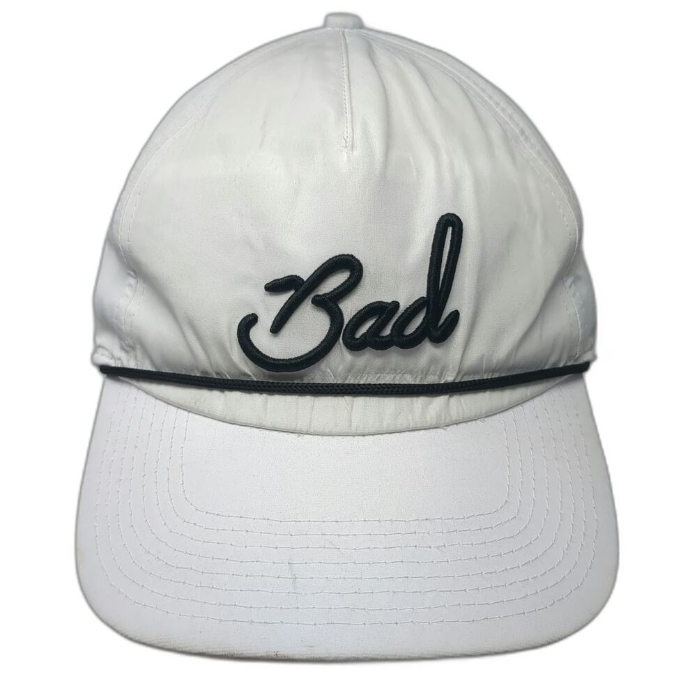 Bad Birdie 5 Panel White Hat One Size Snapback Black Rope Script Performance